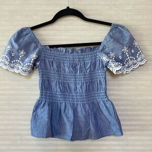 NWT child smocked ruffle top with white lace embroidery on sleeves S/M
